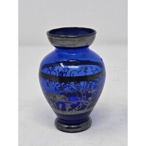 Vintage Cobalt Blue Glass small Vase Silver Overlay 3.5 In